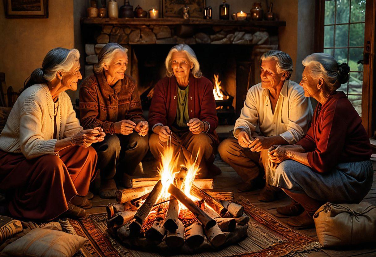 A cozy family gathering around a fire, with elders sharing stories to younger generations, rich visual elements depicting different family traditions, warm colors radiating a sense of unity, cultural artifacts placed around the scene symbolizing heritage and connection. super-realistic. warm tones. soft lighting.