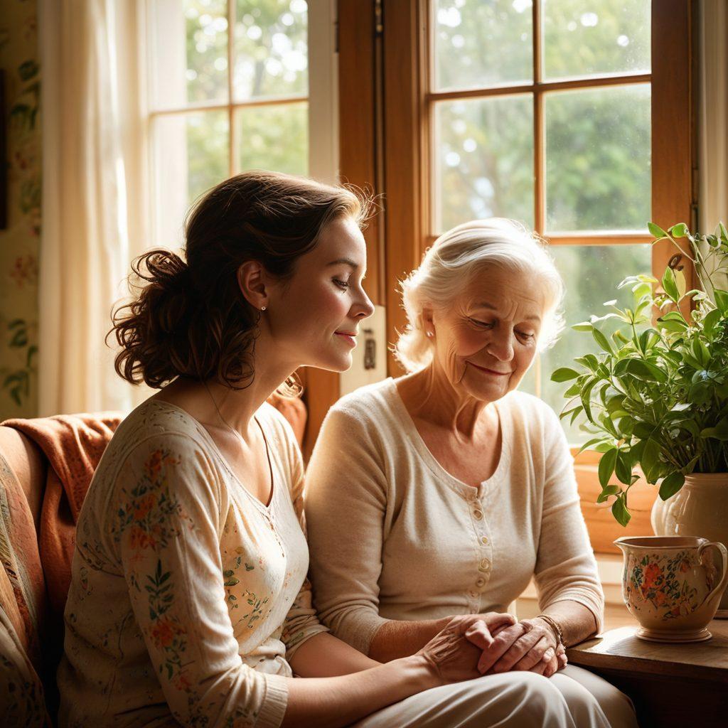 A multi-generational family scene depicting a grandmother sharing stories with her daughter and granddaughter in a sunlit living room filled with family photos. The atmosphere radiates warmth, love, and connection, with each generation holding a unique item symbolizing heritage. The background features lush greenery visible through a window. Soft, warm colors and detailed facial expressions enhance the emotional depth. super-realistic. vibrant colors.